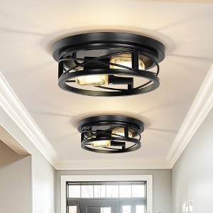 YANSUN 10.6 in. 2-Light Black Farmhouse Flush Mount with Drum Metal Cage Shade for Entryway Bedroom(2-Pack) - 1 of 1