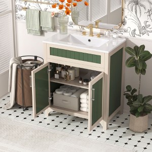 NicBex 24"/30" Bathroom Vanity with Ceramic Sink,Wooden Bathroom Cabinet with 2 Drawers/Adjustable Shelf,Freestanding Storage Cabinet,Beige,Green - 1 of 4