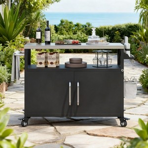 BAOURE 54.5" Black Outdoor Kitchen Island with Stainless Steel Tabletop, Metal Grill Cart with Storage Cabinet & Lockable Wheels - 1 of 4