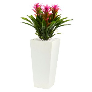Nearly Natural Triple Bromeliad Artificial Plant in White Tower Planter, Purple - 1 of 1