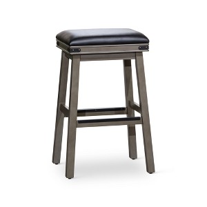 30" Bar Height Swivel Stool with Leather Seat and Weathered Finish, Solid Hardwood Frame for Kitchen or Bar - 1 of 4