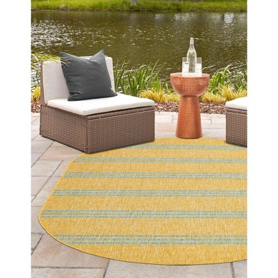 Yellow and Aqua Oval Outdoor Synthetic Rug 8' x 10'