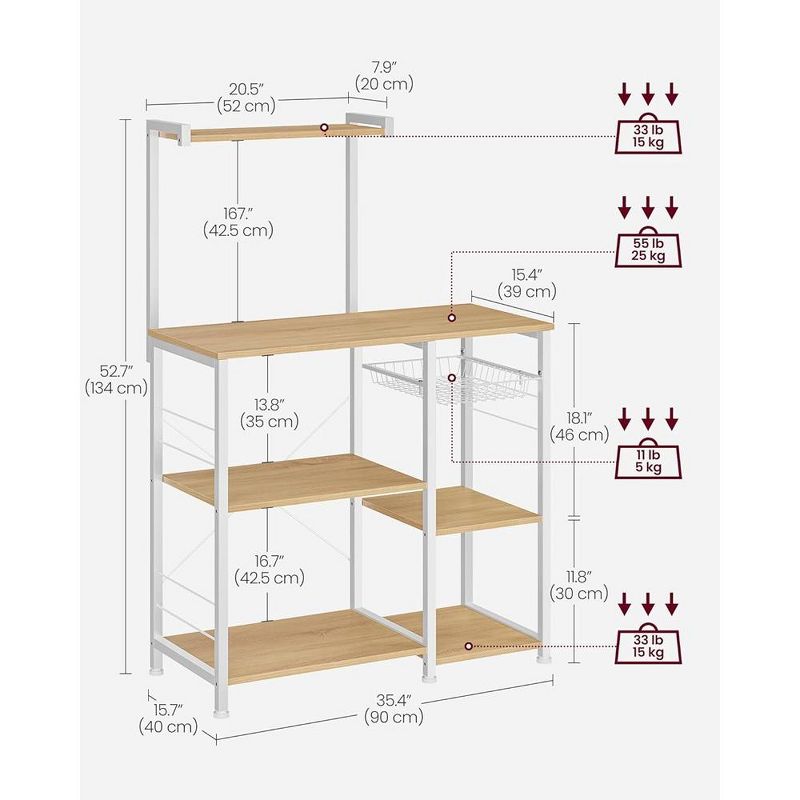 VASAGLE Baker's Rack Microwave Stand Kitchen Storage Rack with Wire Basket 6 Hooks & Shelves for Spices Pots & Pans, 3 of 8