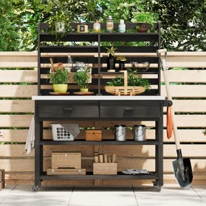 Whisen 64.9"H Outdoor Potting Bench Table with Lockable Wheels, Solid Wood Outdoor Kitchen Island with Upper Hutch and Towel Rack - 1 of 4