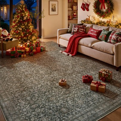 MontVoo Washable Non-Slip Vintage-Inspired Area Rug Muted Green