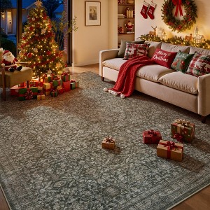 MontVoo Washable Non-Slip Vintage-Inspired Area Rug Muted Green - 1 of 4