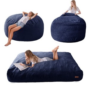 MAXYOYO Giant Bean Bag, Faux Fur Convertible Beanbag Folds from Lazy Chair to Floor Mattress Bed, Navy - 1 of 4