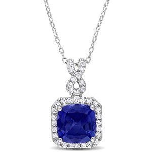 EVERLY JEWELRY | Sterling Silver 6 2/5 CT TGW Cushion Cut Simulated Tanzanite and Created White Sapphire Halo Pendant with Chain, 18 inc - 1 of 4