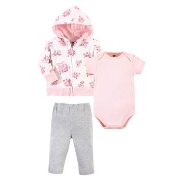Hudson Baby Infant and Toddler Girl Cotton Hoodie, Bodysuit or Tee Top and Pant Set, Pink Floral Baby