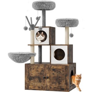 Modern 2-in-1 Cat Tree & Hidden Litter Box Enclosure – Wooden Tower with Condo, Hammock, Scratching Post, Plush Perch & Removable Pompoms - 1 of 4