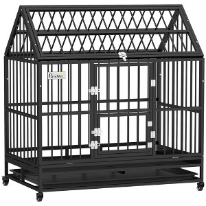 PawHut 48" Heavy Duty Dog Crate, Strong Steel Large Dog Crate with 4 Lockable Wheels, Double Doors, and Removable Tray, for XL and L Dogs, Black - 1 of 4