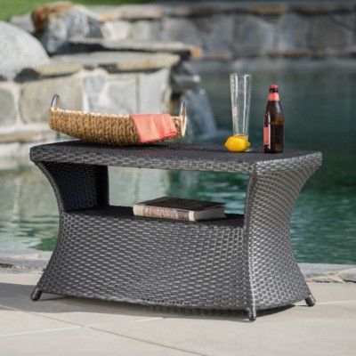 Rattan Outdoor Coffee Table with Umbrella Hole, Wicker Accent Table with Shelf for Patio, Garden, or Lounge – The Pop Home