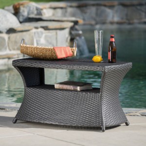 Rattan Outdoor Coffee Table with Umbrella Hole, Wicker Accent Table with Shelf for Patio, Garden, or Lounge – The Pop Home - 1 of 4