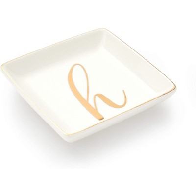 Juvale Letter H Ceramic Trinket Tray, Monogram Initials Jewelry Dish for Ring (4 Inches)