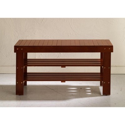 Cherry Finish Solid Wood Entryway Storage Shoe Bench
