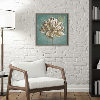 Turquoise and Beige Floral Canvas Print with Rustic Frame