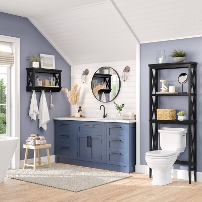 Black Wood Wall Shelf with Hooks and Open Shelves