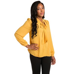 Poetic Justice Curvy Women's Chiffon Button Up Long Sleeve Neck Tie Blouse - 1 of 4