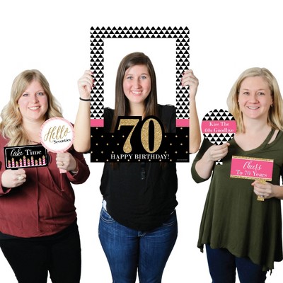 Big Dot of Happiness Chic 70th Birthday - Pink, Black and Gold - Birthday Party Selfie Photo Booth Picture Frame & Props - Printed on Sturdy Material