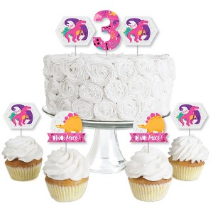 Big Dot of Happiness 3rd Birthday Roar Dinosaur Girl - Dessert Cupcake Toppers - Three Rex Dino Third Birthday Party Clear Treat Picks - Set of 24 - 1 of 4
