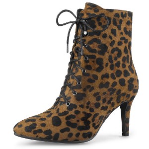 Allegra K Women's Pointy Toe Zip Lace Up Stiletto Heel Ankle Boots - 1 of 4