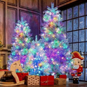 Resenkos 3-Piece Pre-Lit Christmas Tree Set with a Total of 850 LED Lights and 11 Lighting Modes, Silver - 1 of 4