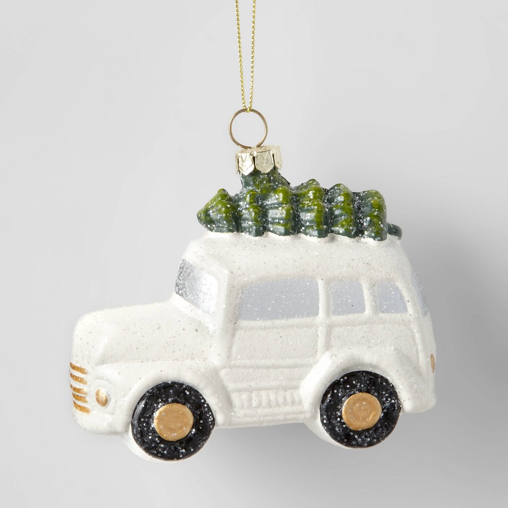 Glittered Car with Tree Christmas Tree Ornament White - Wondershop