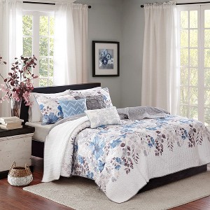 Sapphtopaz Comforter Set 6 Piece Bedding Set Watercolor Floral Print with Solid Color Back Reversible Cotton Quilt Set - 1 of 4