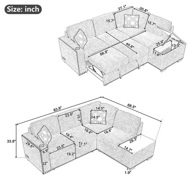 83.8" L-Shaped Reversible Sectional Sofa Bed with Storage Lounge, USB Ports, Power Outlets and Cup Holders - ModernLuxe, 3 of 15