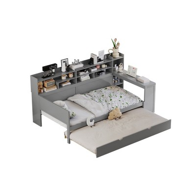FURNIinspire Beds Wooden Full Size Daybed with Storage Drawers Shelves and Study Desk for Bedroom or Study, Gray, 91.3"*49.9"*44.9"