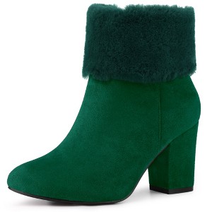 Allegra K Women's Side Zipper Cute Round Toe Faux Fur Chunky Heel Ankle Boots - 1 of 4