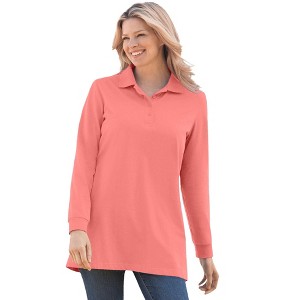 Woman Within Long-Sleeve Polo Shirt - 1 of 4
