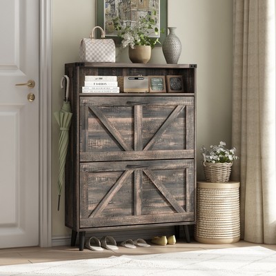 Shoe Cabinet with 2 Flip Drawers & Open Storage