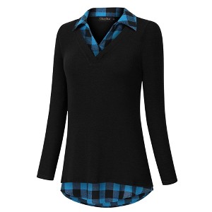 Clearlove Women's Long Sleeve V Neck Contrast Collar Shirt A-line Pleated Office Tunic - 1 of 4