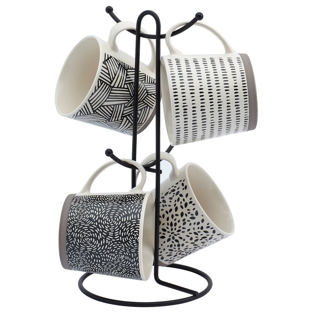 Photos - Glass 5pc Stoneware Mugs and Wire Rack Set Black/White - Tabletops Gallery