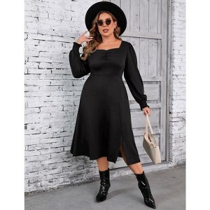 Coolmee Women Plus Size Smocked Square Neck Long Sleeve Front Split A-Line Midi Dress - 1 of 4