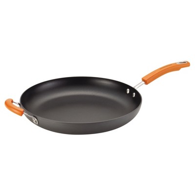 Rachael Ray Hard-Anodized Nonstick 14-Inch Skillet with Helper Handle - Gray with Orange Handle