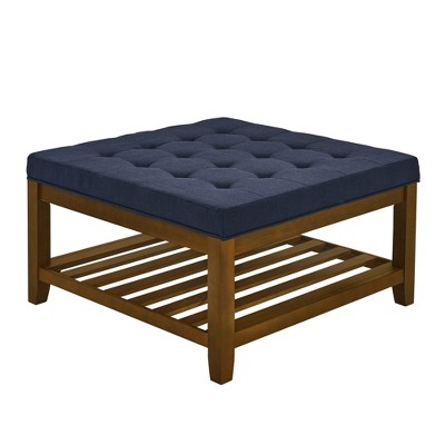 Zeus & Ruta Tufted Linen Large Square Ottoman with Beech Wood Shelf and Frame, Navy Blue