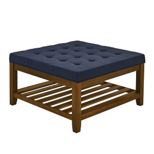 Zeus & Ruta Tufted Linen Large Square Ottoman with Beech Wood Shelf and Frame, Navy Blue - 1 of 4