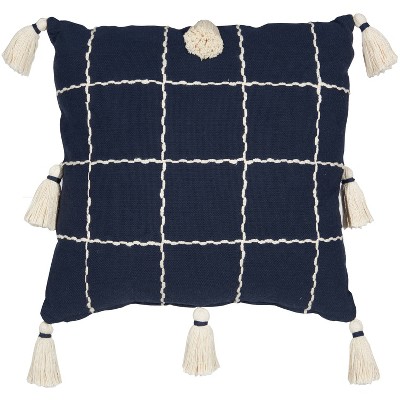 20"x20" Woven Check with Tassel Throw Pillow Navy - Mina Victory