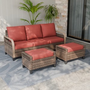 EAGLE PEAK Outdoor Rattan Furniture Set, Wicker Patio Couch, PE Rattan 3-Seat Sofa with Ottoman - 1 of 4