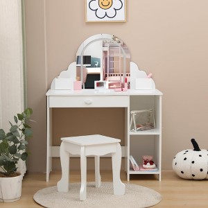 Kids Vanity Table Set with Lighted Mirror & Stool, Makeup Desk with Drawer, Makeup Playset, Wooden Princess Dressing Table for Girls, White - 1 of 4