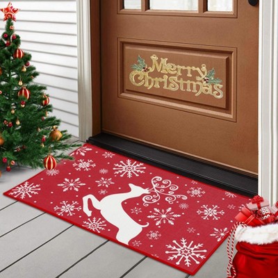 Christmas Doormat, Winter Snowflake & Reindeer Pattern, Indoor Outdoor Welcome Mat, Entryway Porch Home Decor Rug, Red