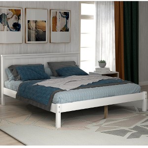 Full Size Platform Bed,  Wood Platform Bed with Headboard, Slat Support Full Size Bed Frame for Bedroom, No Box Spring Needed White - 1 of 4