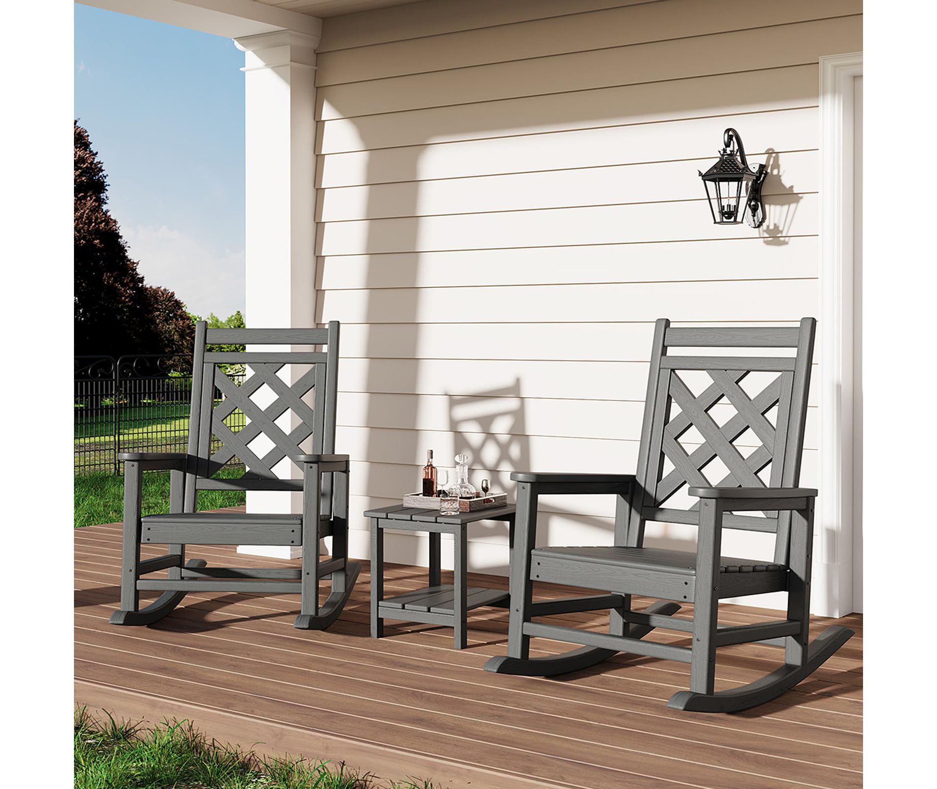 2 Pack Rocking Chair with Side Table, HDPE Weather Resistant Patio Rocking Chair Porch Rocker with Wood Texture