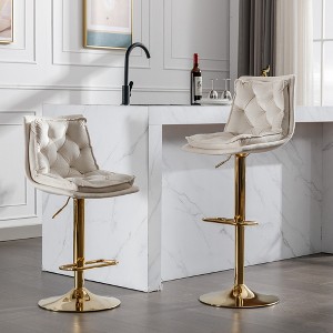 Velvet Bar Stools Set of 2 with Adjustable Height, 360° Swivel, Chrome Footrest, and Metal Legs for Kitchen, Dining, or Bar - 1 of 4