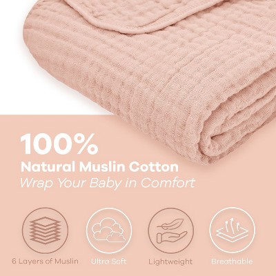 Blush Muslin Cotton Baby Blanket with 6-Layer Plush Softness