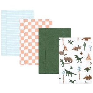 Hudson Baby Boys Cotton Flannel Burp Cloths 4-Pack, Retro Dinosaur, One Size - 1 of 4
