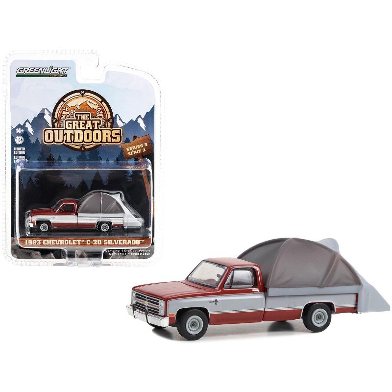1983 Chevrolet C-20 Silverado Truck Carmine Red and Silver Metallic w/Modern Truck Bed Tent 1/64 Diecast Model Car by Greenlight, 1 of 4