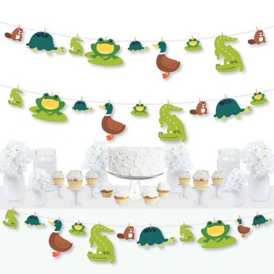 Big Dot of Happiness Pond Pals - Frog, Alligator, Turtle, Beaver & Duck Birthday Party or Baby Shower DIY Decor - Clothespin Garland Banner -44 Pieces